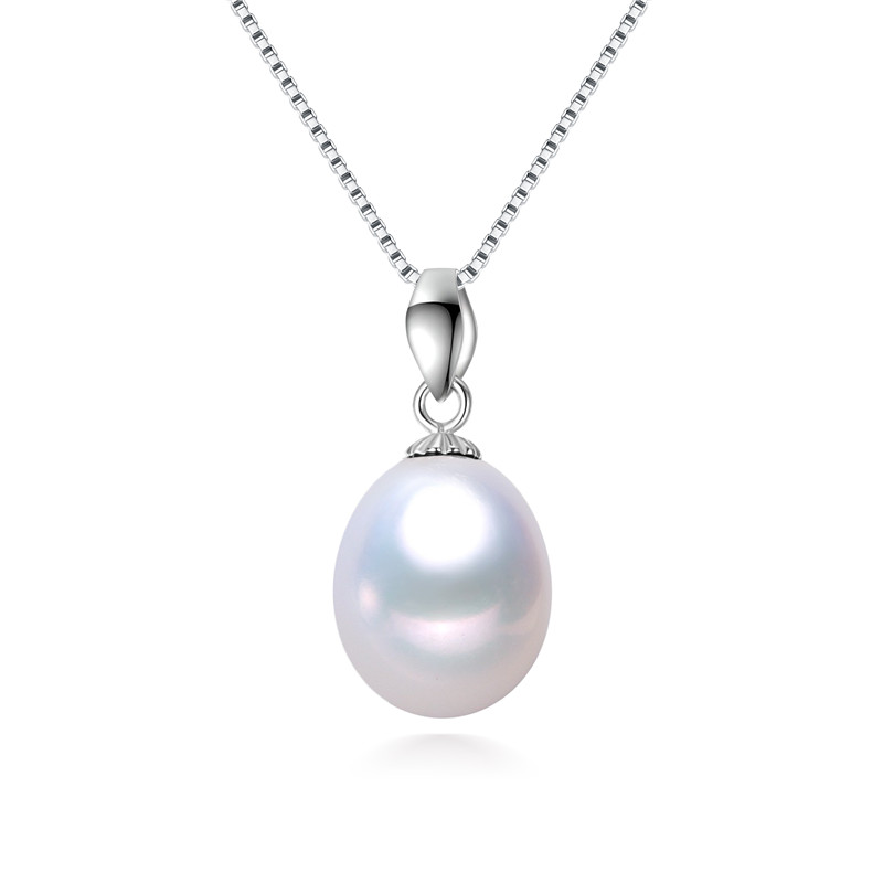 9-10mm 925 silverteardrop real natural freshwater pearl pendant necklace, Natural Rice freshwater cultured pearl jewelry